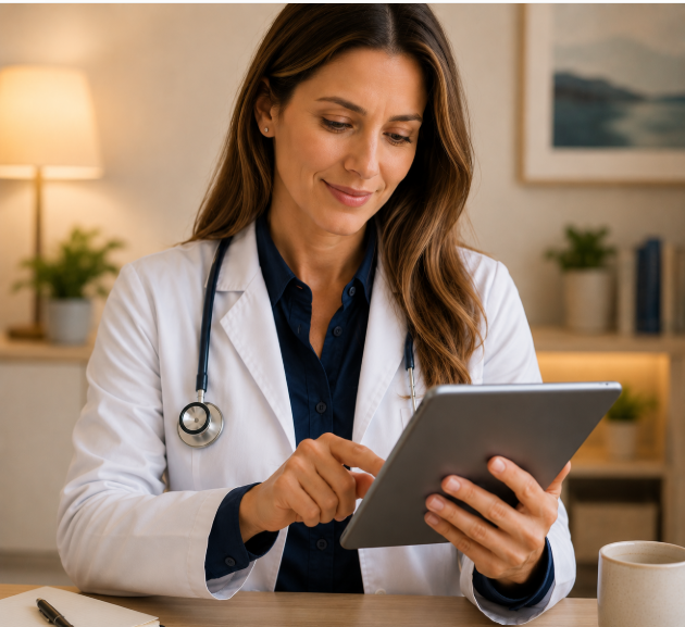 UK-registered doctor reviewing a consultation on a smartphone