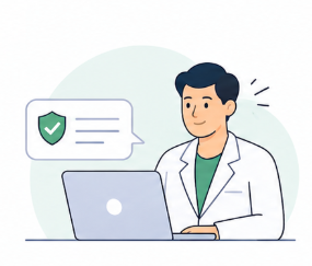 UK-registered doctor reviewing a patient consultation on a laptop